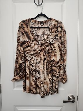 3/$25 Cocomo Animal Print V-Neck Women's Top in Brown and Cream